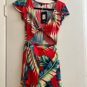 Fashion Nova Red Tropical Leaf High Low Dress